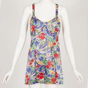 30s 40s Tropical Pineapple Print Satin Lastex Crossback Swim Dress Bathing Suit